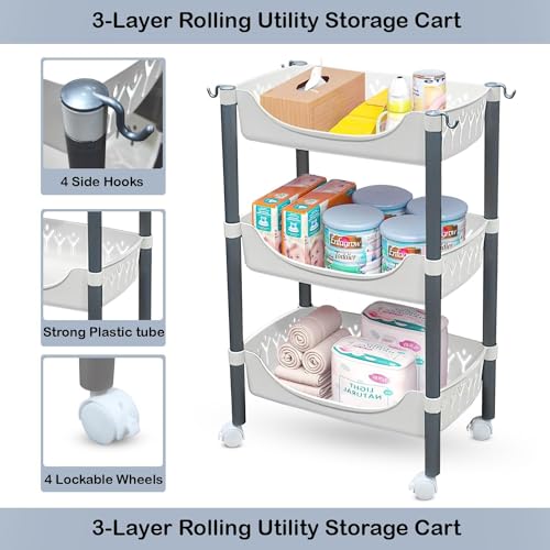 Image of Lukzer 3 Tier Plastic Rolling Cart Trolley Stand Multipurpose Fruits & Vegetable Storage Basket Rack with Wheels Slim Space-Saving Organizer for Kitchen Home Bathroom Office-White 115x30x41.5cm CH-137