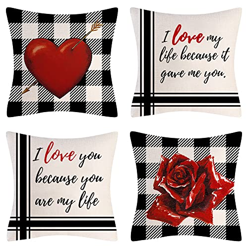 Valentines Day Pillow Covers 18x18 Inches Set of 4 for Valentines Day Decor and Home Decor Love Heart Rose Arrow Valentines Gifts for Women Wedding Party Throw Pillow Covers for Sofa Couch