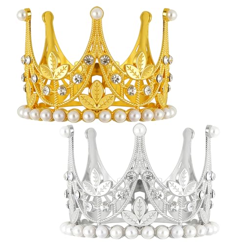 BLMHTWO 2Pcs Crown Cake Topper Gold Silver Small Crown Queen Mini Crown Princess Headpiece Mini Tiara Cake Decoration for Women Lady Girl Bridal Wedding Royal Themed Decor Birthday Party