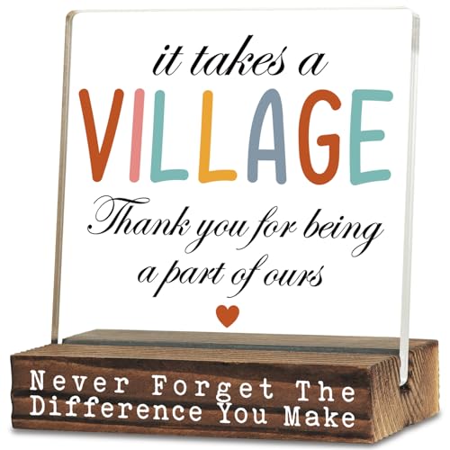 It Takes A Village Thank You Acrylic Plaque, Grateful Keepsake Gift for Team Member, Appreciation Gift for Volunteer, Neighbor, Transparent Acrylic Plaque with Wooden Stand, XXT9