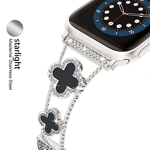 Image of Musk-MSKR Diamond Metal Bands Add Sparkle to Your Watch For Apple Watch Series 11 /10 /9 /8 /7 /6 /5 /4 /3 /2 /SE /Ultra Clover Simple and Stylish Compatible with 38mm40mm41mm42mm44mm45mm 46mm49mm Women's Wear