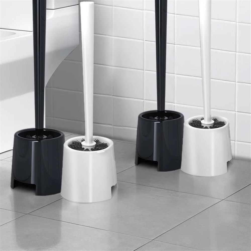 Juego de escobilla de inodoro con base estable, diseño redondo negro, mango largo, cepillo de plástico para limpieza de suelos, accesorio esencial de baño