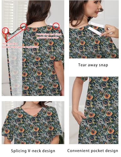 Image of Hospital Gowns for Women Open Back Tear Away Snap Post shoulder Dress Short Sleeve Soft Adaptive Clothing with Pockets