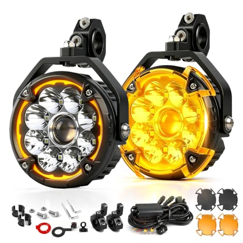 Image of CO LIGHT 5 Inch Motorcycle Fog Lights 150W White /Yellow Auxiliary Lights Hilo Beam Amber DRL LED Pod Lights with Amber /Black Mask Wiring Harness for Motorcycle ATV UTV Night Riding ADV Touring 2PCS