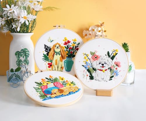 Image of Konrisa 3 pcs Dog Flower Embroidery Kits for Beginners, Needlepoint Cross Stitch Kits with Pattern, DIY Sewing Practice Kit, Include 1pcs Hoop