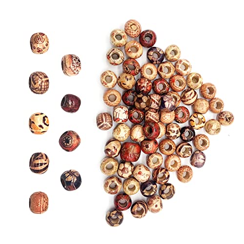 100pcs Natural Printed Wooden Beads Wooden Beads Macrame Large HoleBeads Various Pattern Loose Spacer WoodBeads Round Wood Beadsfor Jewelry Making Bracelet Necklace Hair DIY Decor 10mm Round