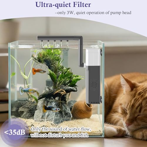 Image of 3W Mini Fish Tank Filter, 48GPH Quiet Aquarium Internal Filter 3-in-1 Submersible Fish Tank Filter Pump for 1-6Gal Betta /Fry /Shrimp Tanks