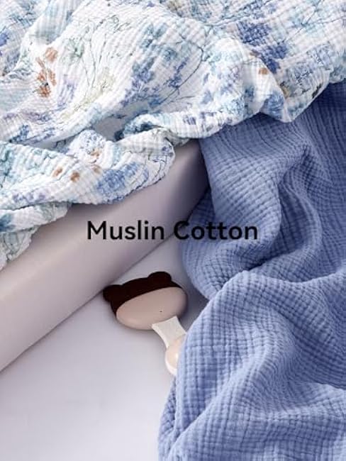 TILLYOU Muslin Mini Crib Sheets 2 Pack, Pack and Play Mattress Sheets Fitted for Pack N Play, 38'' x 26'' Sheet for Toddler, Blue Flower