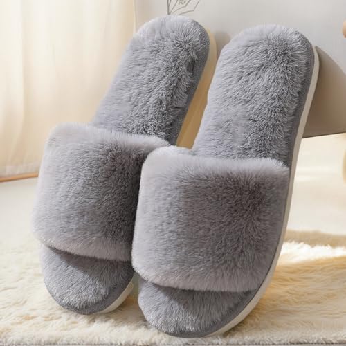 Womens Memory Foam Slippers Open Toe Fuzzy House Shoes Shower Sandals Comfy One-Strap Slides