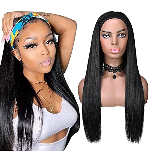 Headband Wig for Women Black Long Straight Headband Wig Glueless Synthetic Wig with Headband Natural Looking Heat Resistant Synthetic Wigs Fiber Wig for Daily Use Party (Natural Color 1B, 20 Inch)