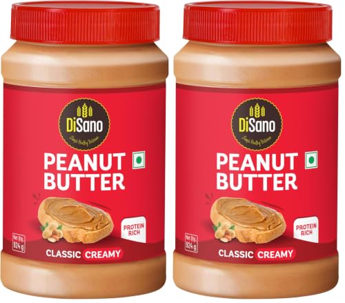 Image of DiSano Classic Peanut Butter Creamy, 924g, 25g Protein, Roasted Peanuts, Zero Cholesterol & Trans Fat, Gluten Free, Ideal for Pre & Post-Workout, Healthy Spread for Breakfast & Snacking (Pack of 2)