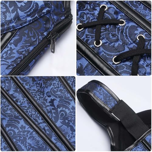 Kimring Women's Gothic Retro Jacquard Peasant Shoulder Straps Spiral Steel Boned Vest Bustiers Overbust Corset with Lightly Cup Blue Medium