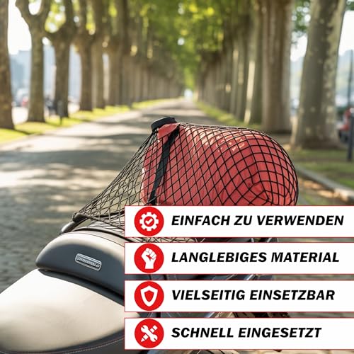 Pitlane Performance® Gepäcknetz 25x25 cm mit 6 Metallhaken Elastisches Helmnetz & Transportnetz, Universales Kofferraumnetz für Auto, Motorrad, Fahrrad - Sicherer Halt für Helme, Taschen & Gepäck