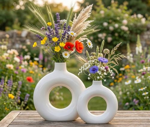 Image of Ceramic Donut Vase Modern Flower Vase | Decorative Centerpiece Vase for Pampas Grass Dried Flowers | Minimalist Home Office Table Decor | Handcrafted Gift (9+6 Inch (Pack-2))