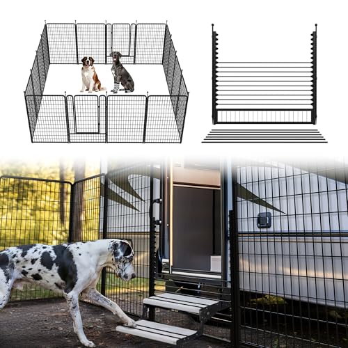 Image of FXW Rollick Unleashed Dog Playpen for Indoor, Yard, RV Camping, 50 inch 16 Panels Dog Pen with RV Step Grid for Large Dogs, Black│Patented