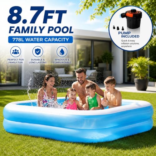 Image of NHR 8.7Ft Inflatable Swimming Pool for Kids & Adults (262x175x51cm) with Electric Air Pump, 778L Capacity Large Rectangular Family Blow Up Pool for Garden Backyard Lawn Splash Fun, Ages 3 Years+