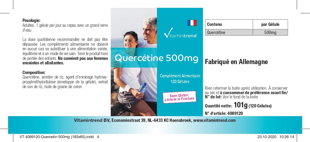 Vitamintrend Quercétine 500 mg, 120 gélules, hautement dosé, complément alimentaire végan sans stéarate de magnésium, fabriqué en Allemagne
