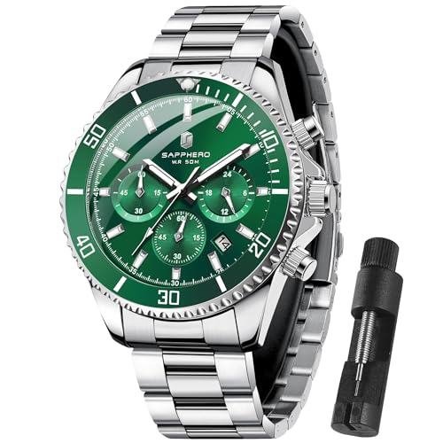 SAPPHERO Uhren Herren Chronograph Analog Quarz 50M Wasserdicht Armbanduhr Herren Mode Lässig Business Herrenuhren mit Kalender Edelstahlarmband Uhr Geschenk für Männer