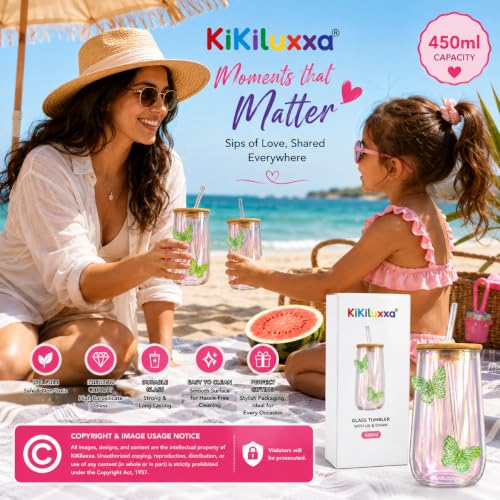 Image of KiKiluxxa 450ml Iridescent Glass Tumbler with Lid & Glass Straw | Premium Borosilicate Drinking Glass | Butterfly Design Cold Coffee Cup (Sage Glow Green)