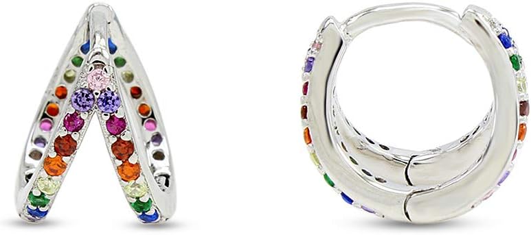 Colourful Rainbow Cubic Zirconia Round Hoop Earrings 14k White Gold Plated Sterling Silver Jewelry Gift for Womens