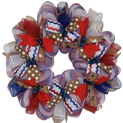Red Burlap and Blue Patriotic Ribbon Wreath Handmade Deco Mesh Available in 24 and 28 inch diameters High Quality