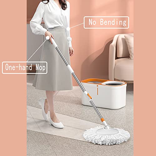 Floor Spin Mop And Bucket Set With Wringer System Extended Stainless Steel Handle 61＂For Home Floor Cleaning Use With 5 Replacement Head Refill And 1 Cleaning Brush Head #TOP2