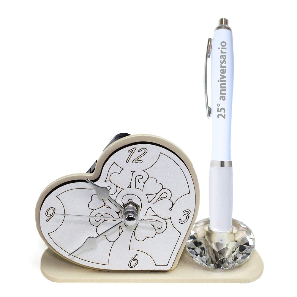 DLM34947 (Kit 6 Pezzi) Portapenne in Cristallo con Orologio in Legno Albero della Vita con Penna Anniversario 25 Anni bomboniera