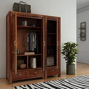 WOODNETIC Sheesham Wooden Wardrobe for Clothes with 3 Drawer and 3 Door for Home Living Room Almirah (Honey)