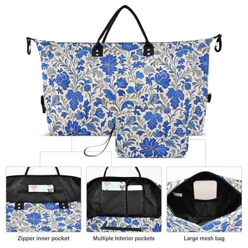 Travel Duffel Bag Trendy Retro Floral Grey Blue Workout Bag with Toiletry Bag for Gym 2 Pcs Set bolsas para2