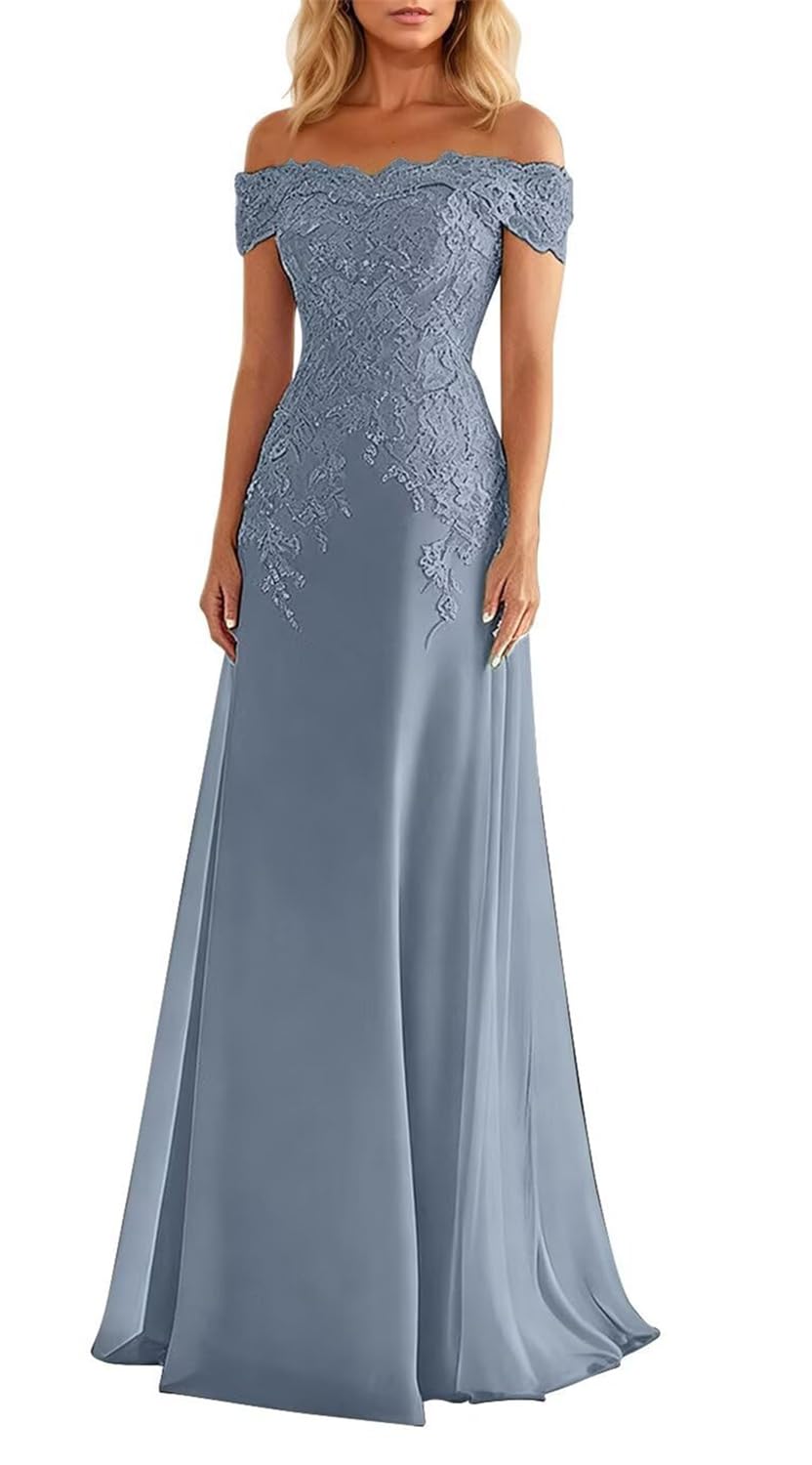 KIYNE Dusty Blue Chiffon Mother of the Bride Dresses for Women Off Shoulder Formal Dress Lace Applique Wedding Guest Gown UK14