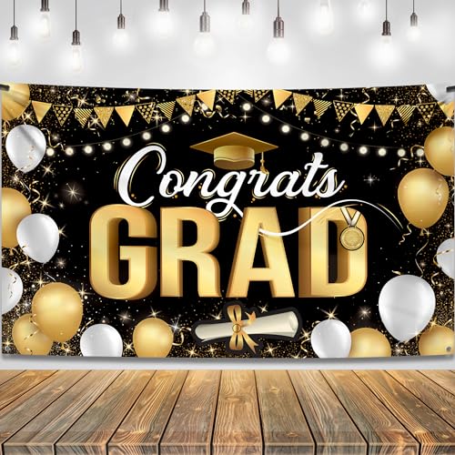 Image of Graduation Decorations 2026, Black and Gold Congrats Grad Banner - 72x44 Inch | Congrats Grad Backdrop for Grad Party Decorations, Graduation Banner for Congratulations Decorations, KatchOn