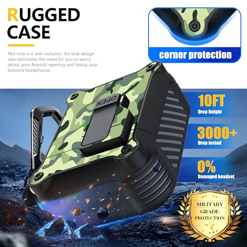 Image of RFUNGUANGO for Airpods 2nd and 1st Generation Protective Cases Automatic Pop-up with Safety Lock Clip, Full Body Shockproof Hard Case with Keychain (Cleaning Tool)-Rainforest Camouflage