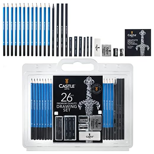 Set de 26 lápices para dibujo o bosquejo: kit de lujo para principiantes, niños o cualquier aspirante a artista; incluye lápices de grafito, lápices de carbón, lápices de grafito sin madera, barras de grafito, barras de carbón, sacapuntas y dos gomas de borrar., negro, 26 piece set