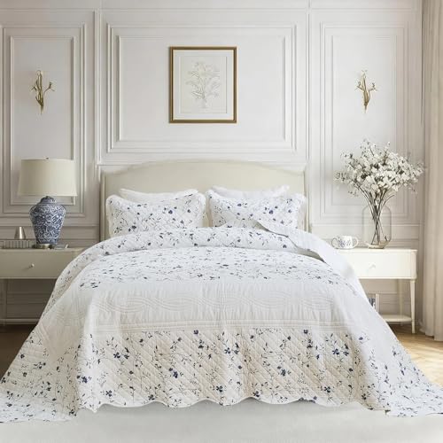 SOElinens Queen Bedspreads 102x120, Farmhouse Floral Navy/White - image 2