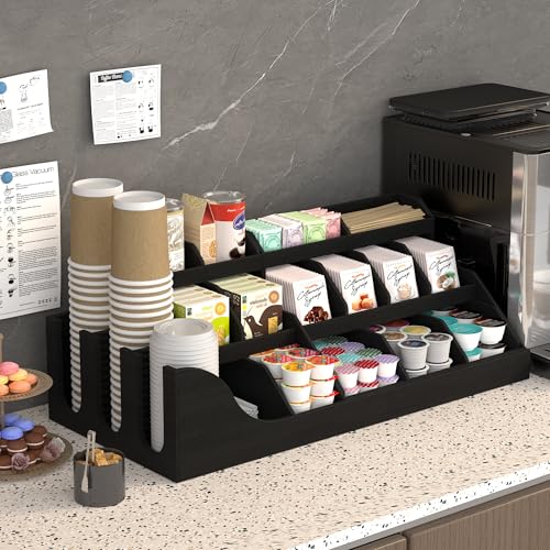 Image of Suli Exact Large Coffee Station Organizer,Wooden Countertop Pods Holder with Drawer,Storage for Condiment Syrup Tea Cups,Rustic Bar Decor for Accessories Organizer (3 Tiers 18 Compartments)-Black