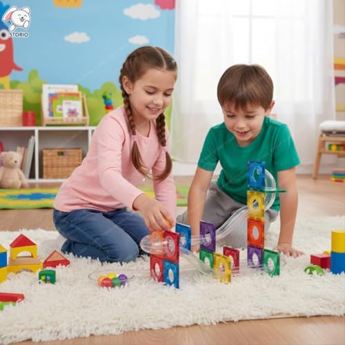 Image of Storio 3D Magnetic Tiles Building Blocks with Ball Runner Tunnels - 75 Pcs | Magnetic Construction Set for Kids 3-8 Years | STEM Educational Toy | Creative Brain Development Gift for Boys & Girls