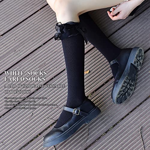 SEMOHOLLI Women Girl's Fashion Knee High Socks With Bow Lace Ruffle Trim Cute Cotton Socks3
