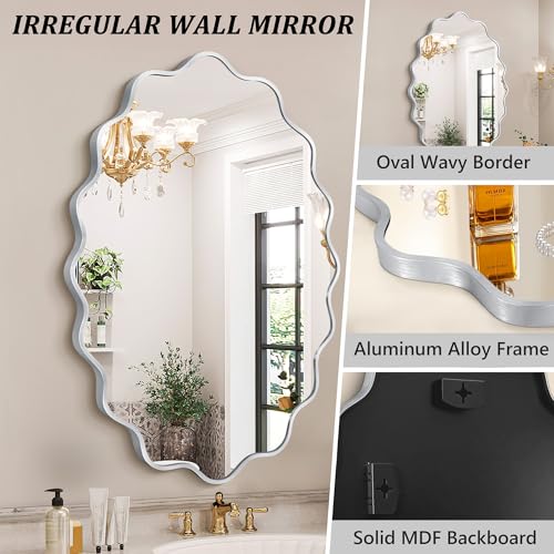 Image of Oval Wavy Wall Mirror -Irregular Wall Mirror with Silver Asymmetrical Aluminum Alloy Frame,22 inchx30 inch Decorative Wall Mirrors for Bathroom, Bedroom, Living Room, Dining Room，Entryway