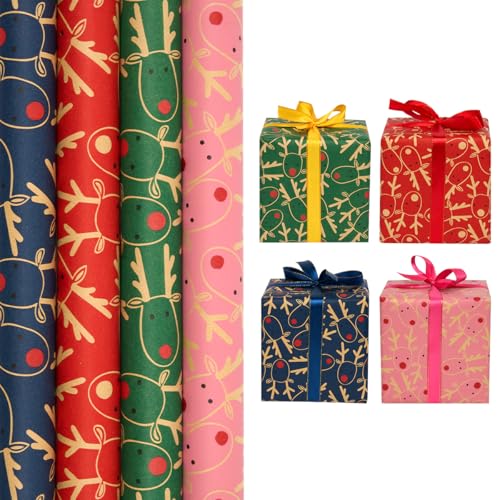 Weihnachtliches Kraftpapier-Geschenkpapier: 4 Rollen (43 cm x 3 m) recycelbar mit festlichem Elchmotiv