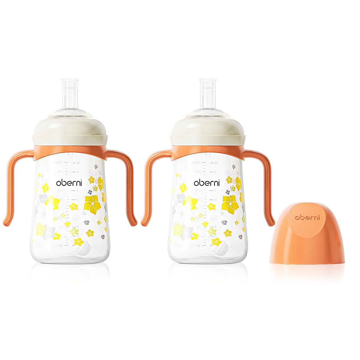 Oberni No Spill Sippy Cup, Weighted Straw Trainer Cup, Toddler Drinks Water Bottle with Leak-Proof Valve Spout for 6+ Months, 240ml/Orange/2 Pack