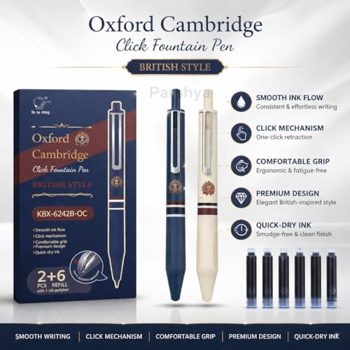 Image of KiddieWorld Oxford Cambridge Click Fountain Pen Set (2 Pens + 6 Ink Refills) | Smooth Writing, Quick Dry Ink, Premium British Style, Comfortable Grip | Gift Box for Students & Professionals