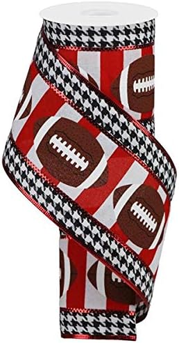 Houndstooth & Stripes Wired Edge Ribbon, 4 Inch x 10 Yards (Crimson, Black, White)