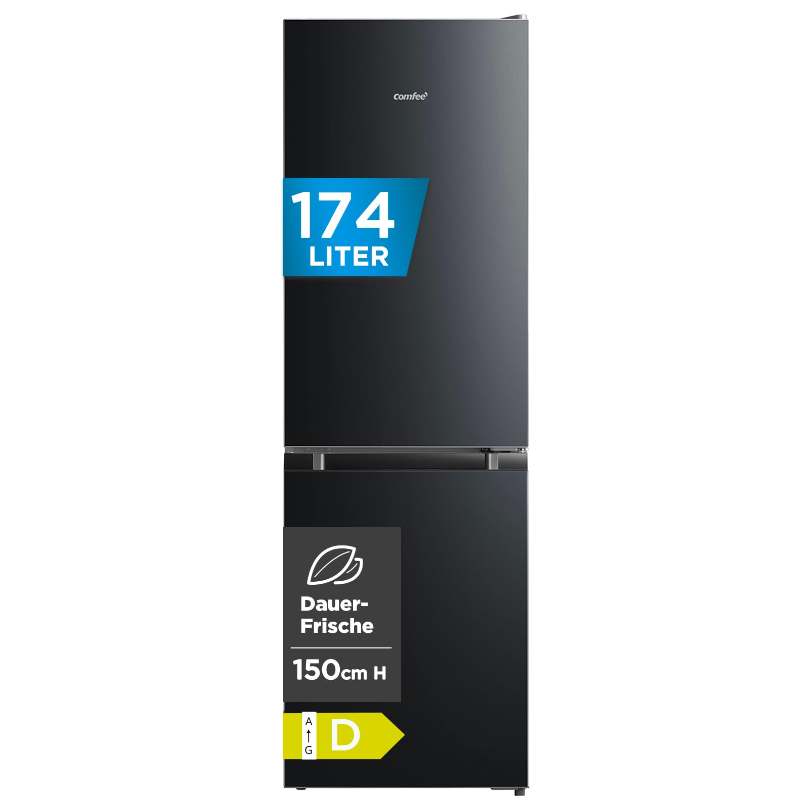Comfee‘ Kühlschrank mit Gefrierfach 174L, EEK D, Höhe 150cm, Kühl-Gefrierkombination-115L Kühlteil, 59L 4 Sterne Gefrieren -24℃, 156 kWh/Jahr, Low Frost für kleine Wohnungen, Büros, RCB169DK3 Schwarz