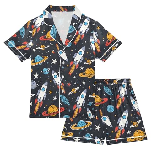 ALAZA Universe Solar System Planet Pajamas Satin Pajama Set Short Sleeve Button Down Sleepwear