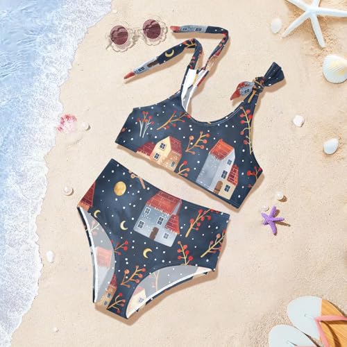 Girls' Bikini Set, Houses Barberry Branches Stars Moon Kids Swimsuit 2 Pcs Beach Bathing Suit4