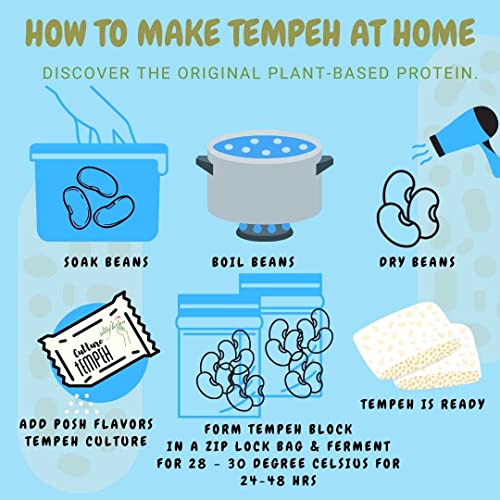Image of Alla's Posh Flavors Soy Tempeh Starter Culture Powder, Fermentation Culture for Homemade Tempeh, Plant-Based Probiotic, Generates Natural Vitamin B12, Makes Up to 5kg, 5 Sachets