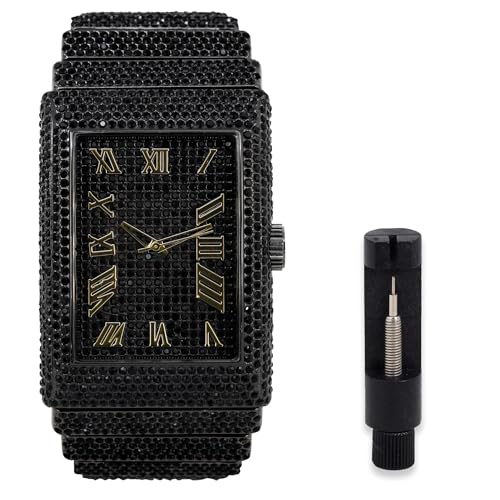 Men's Fully Iced Out Rectangle Watch, 40mm Case - Gun Black Roman Dial