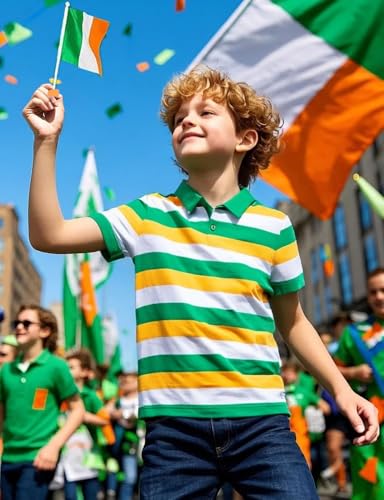 Image of COSLAND Green White and Orange Boys Striped Polo Kids Irish Shirt, Green White & Orange, L