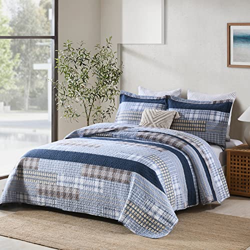 Image of PANGUSHAN Quilt Set Queen Size, 100% Cotton Quilt Bedding Set Bedspreads, Patchwork Plaid Farmhouse Reversible Lightweight Comforter Bed Spread for Queen Bed, Blue, 3 Pieces