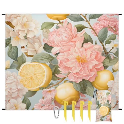 Eabrults Waterproof Sandproof Beach Blanket, 59''×68'' Fruit & Flower Polyester Outdoor Picnic Blanket with 4 Stakes & Storage Bag for Beach,Camping,Vacation Pink